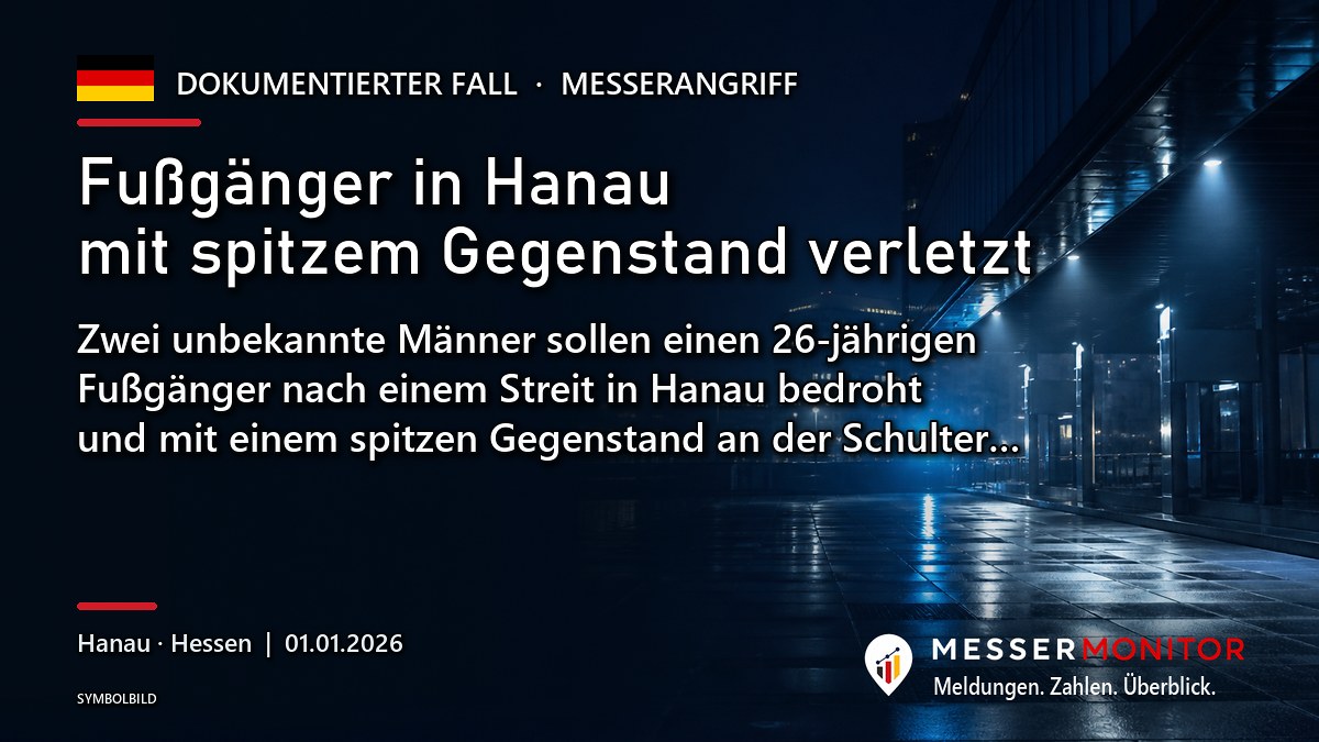 Titelgrafik: Fußgänger in Hanau mit spitzem Gegenstand verletzt. Zwei unbekannte Männer sollen einen 26-jährigen Fußgänger nach einem Streit in Hanau bedroht und mit einem spitzen Gegenstand an der Schulter….