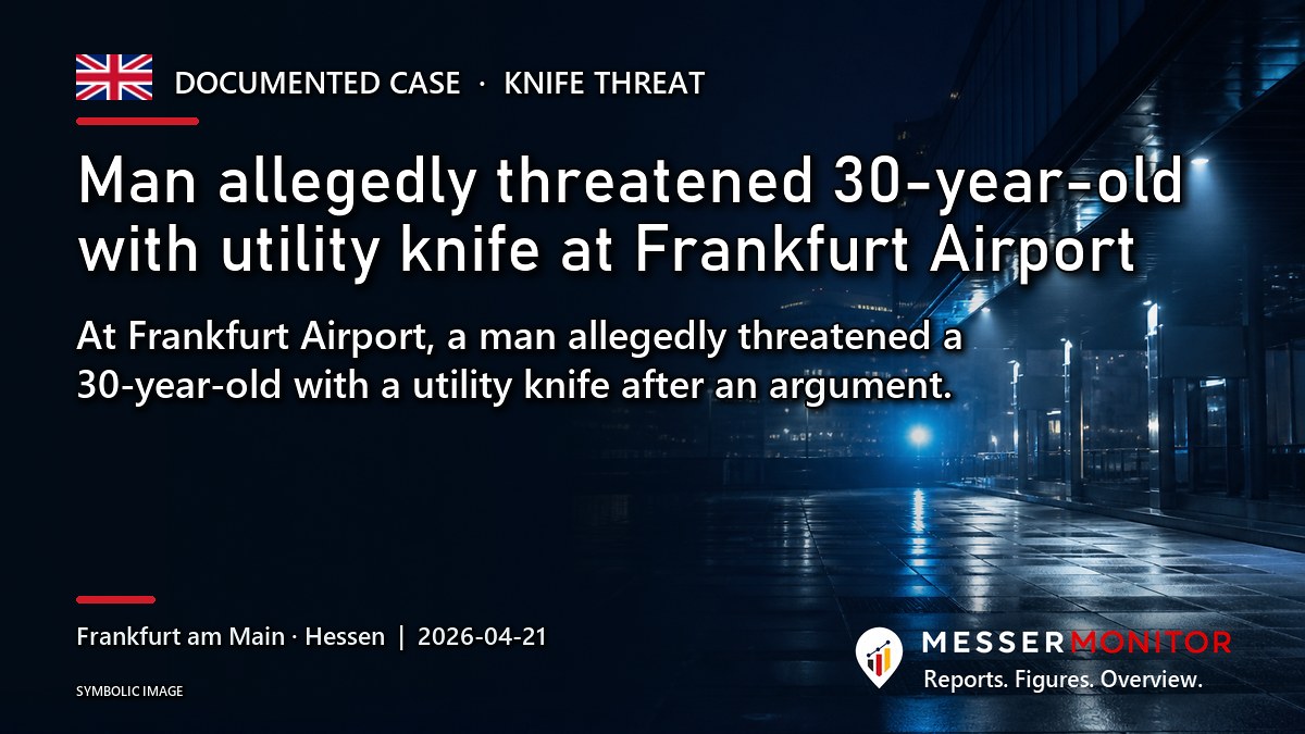 Title image: Man allegedly threatened 30-year-old with utility knife at Frankfurt Airport. At Frankfurt Airport, a man allegedly threatened a 30-year-old with a utility knife after an argument..
