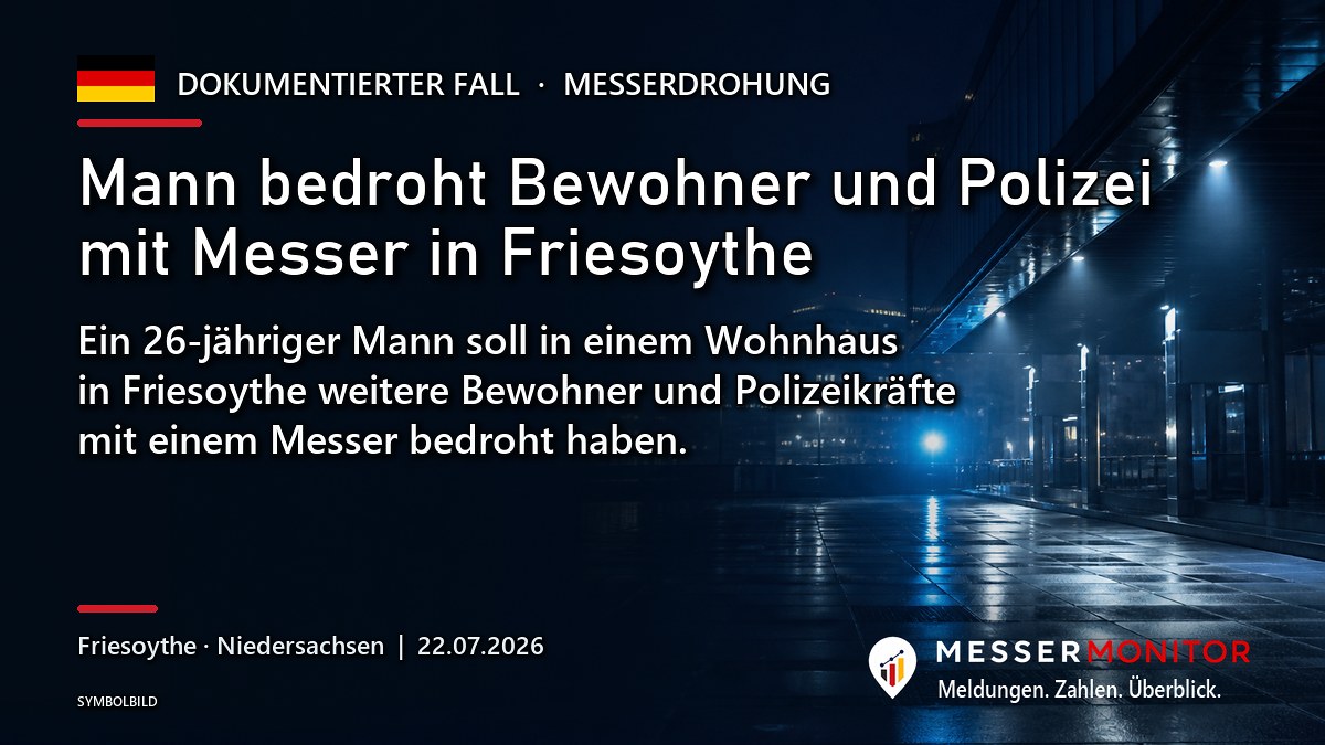 Titelgrafik: Mann bedroht Bewohner und Polizei mit Messer in Friesoythe. Ein 26-jähriger Mann soll in einem Wohnhaus in Friesoythe weitere Bewohner und Polizeikräfte mit einem Messer bedroht haben..
