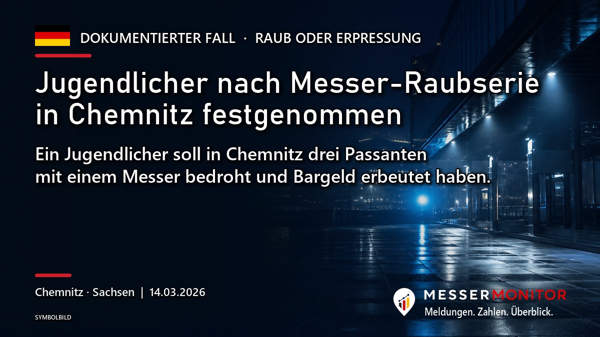 Titelgrafik: Jugendlicher nach Messer-Raubserie in Chemnitz festgenommen. Ein Jugendlicher soll in Chemnitz drei Passanten mit einem Messer bedroht und Bargeld erbeutet haben..