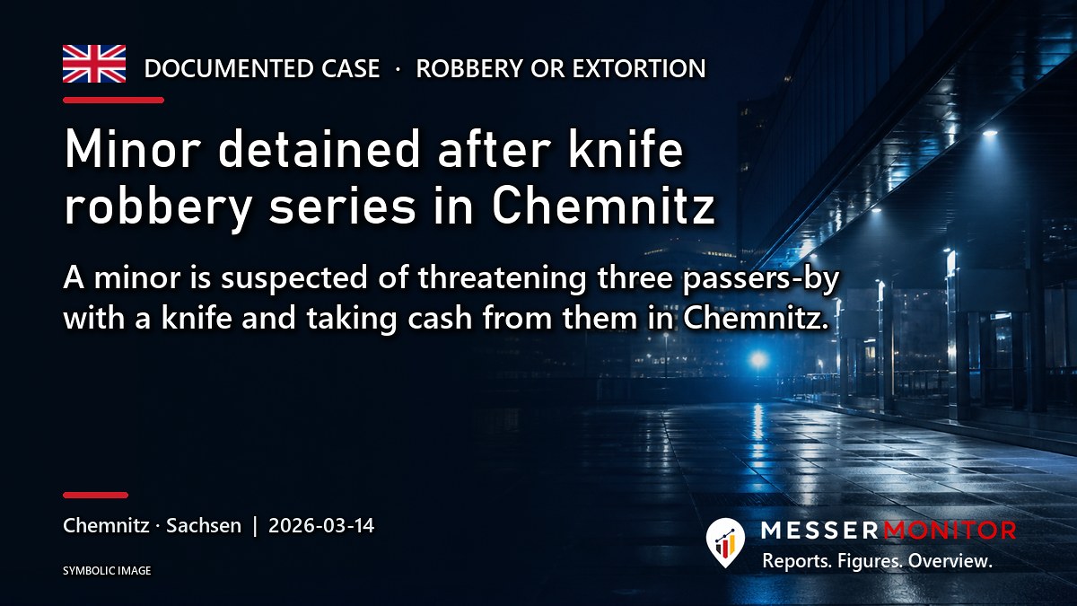 Title image: Minor detained after knife robbery series in Chemnitz. A minor is suspected of threatening three passers-by with a knife and taking cash from them in Chemnitz..