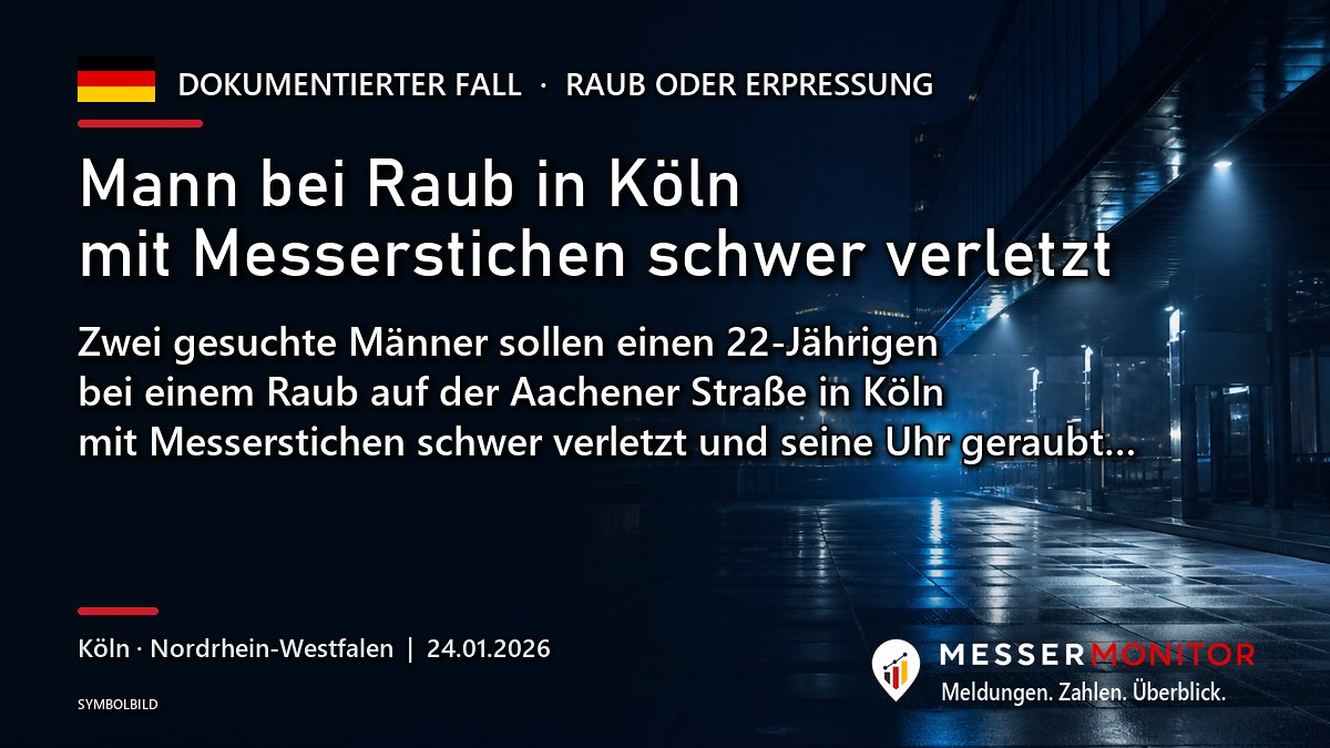 Titelgrafik: Mann bei Raub in Köln mit Messerstichen schwer verletzt. Zwei gesuchte Männer sollen einen 22-Jährigen bei einem Raub auf der Aachener Straße in Köln mit Messerstichen schwer verletzt und seine Uhr geraubt….