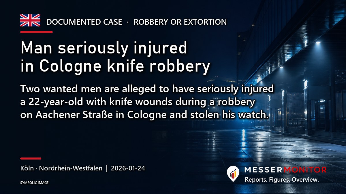 Title image: Man seriously injured in Cologne knife robbery. Two wanted men are alleged to have seriously injured a 22-year-old with knife wounds during a robbery on Aachener Straße in Cologne and stolen his watch..