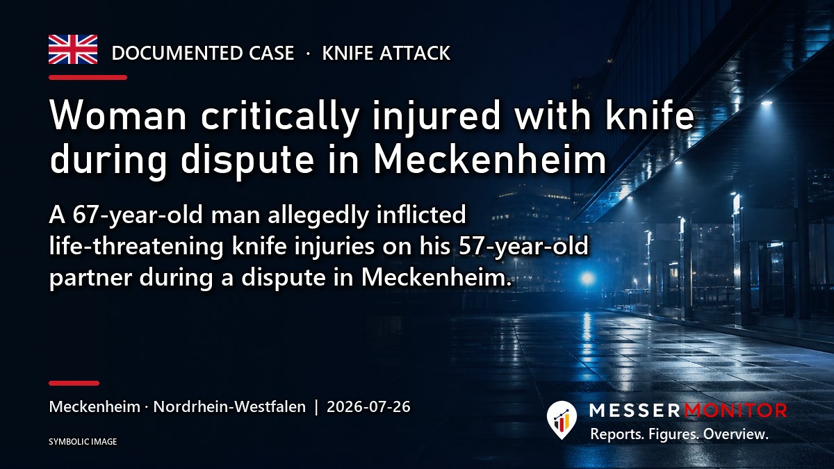 Title image: Woman critically injured with knife during dispute in Meckenheim. A 67-year-old man allegedly inflicted life-threatening knife injuries on his 57-year-old partner during a dispute in Meckenheim..