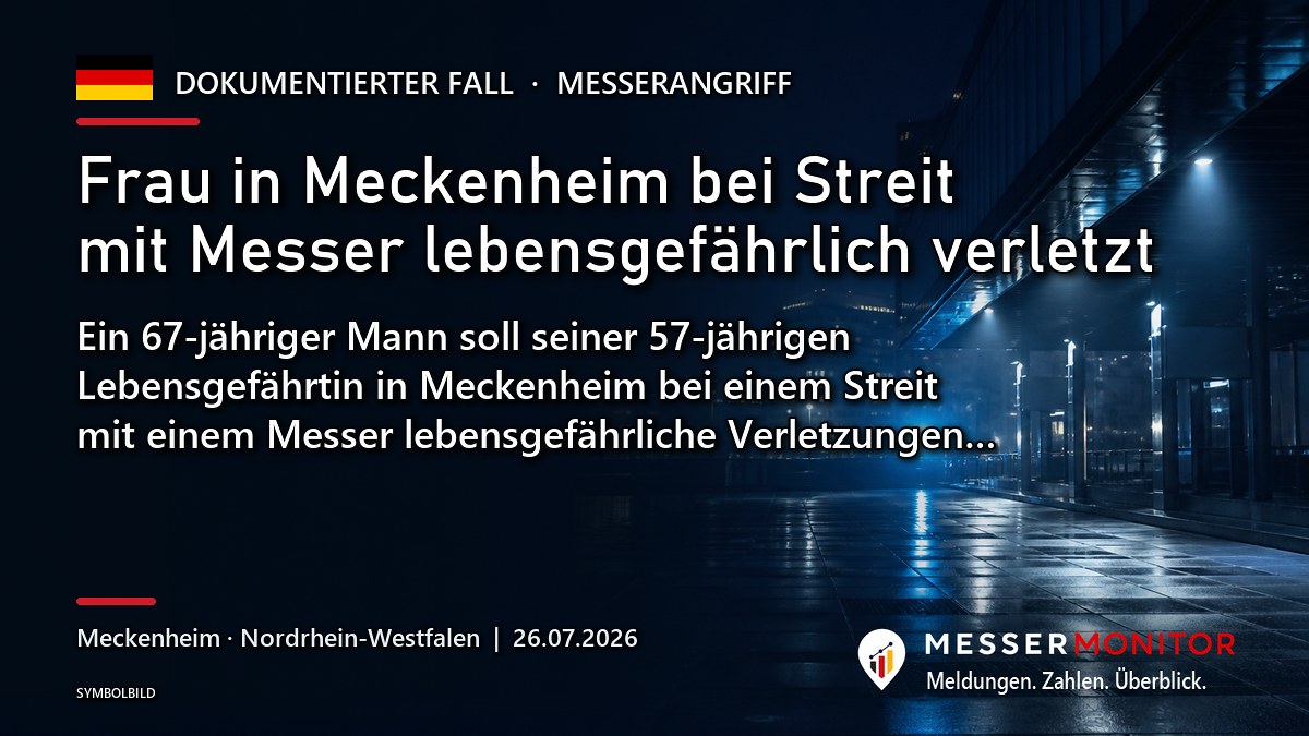 Titelgrafik: Frau in Meckenheim bei Streit mit Messer lebensgefährlich verletzt. Ein 67-jähriger Mann soll seiner 57-jährigen Lebensgefährtin in Meckenheim bei einem Streit mit einem Messer lebensgefährliche Verletzungen….