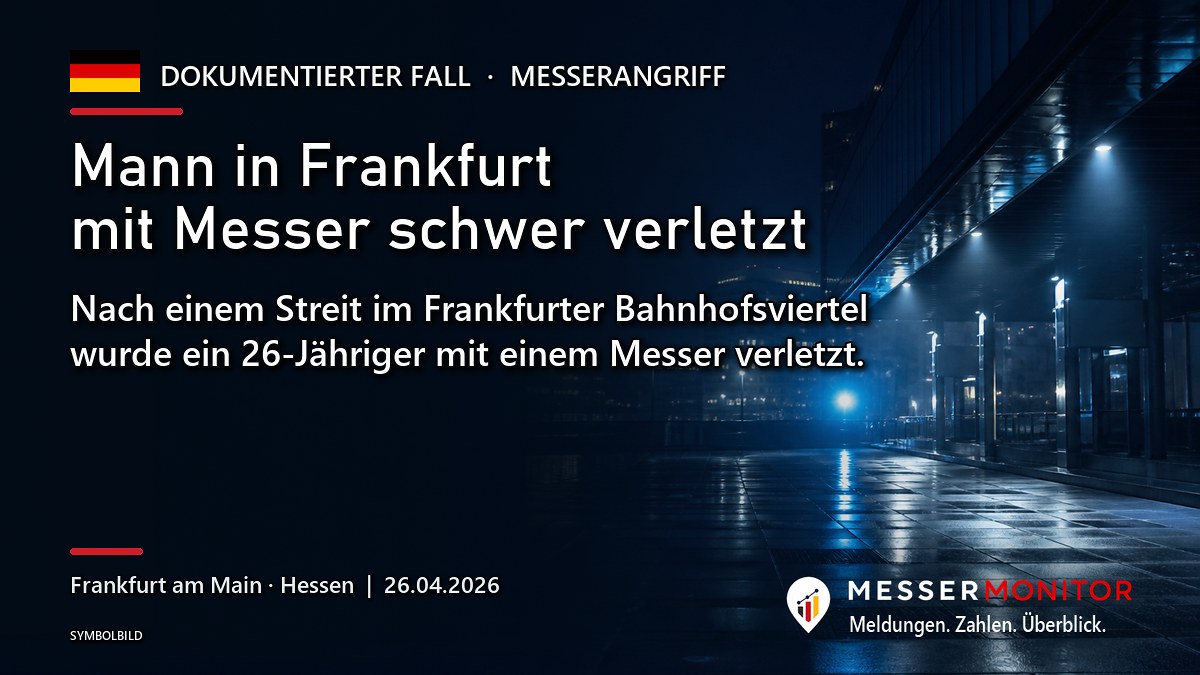 Titelgrafik: Mann in Frankfurt mit Messer schwer verletzt. Nach einem Streit im Frankfurter Bahnhofsviertel wurde ein 26-Jähriger mit einem Messer verletzt..