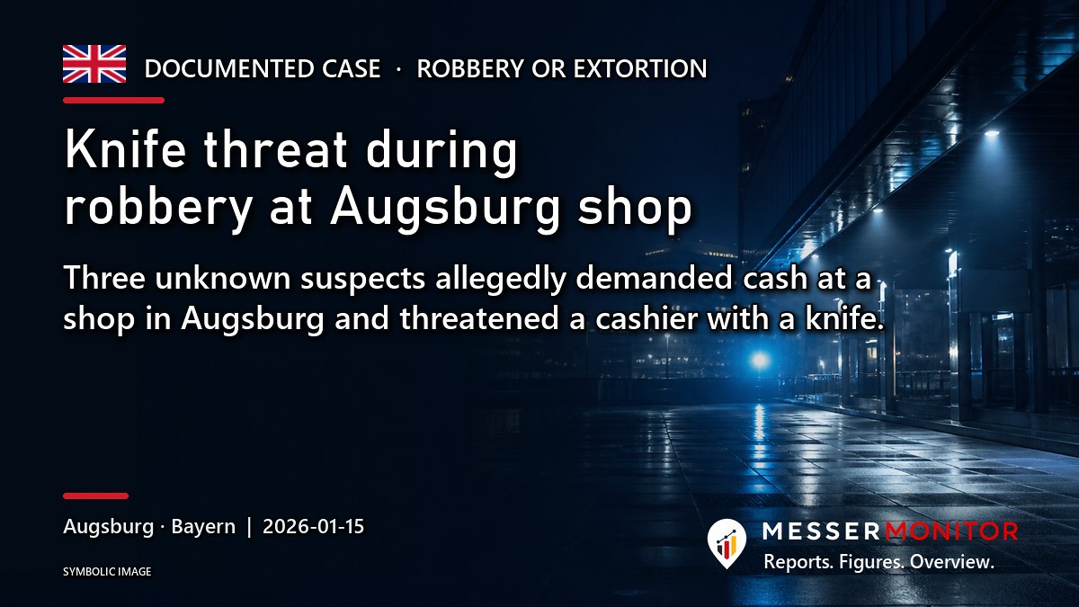 Title image: Knife threat during robbery at Augsburg shop. Three unknown suspects allegedly demanded cash at a shop in Augsburg and threatened a cashier with a knife..