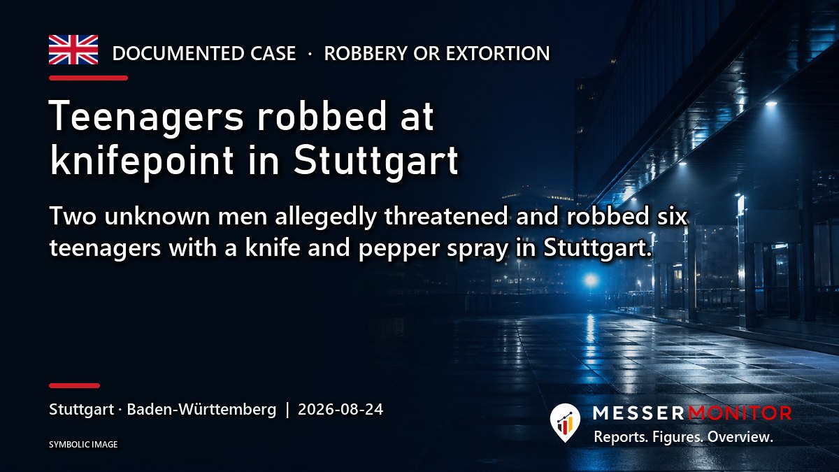 Title image: Teenagers robbed at knifepoint in Stuttgart. Two unknown men allegedly threatened and robbed six teenagers with a knife and pepper spray in Stuttgart..