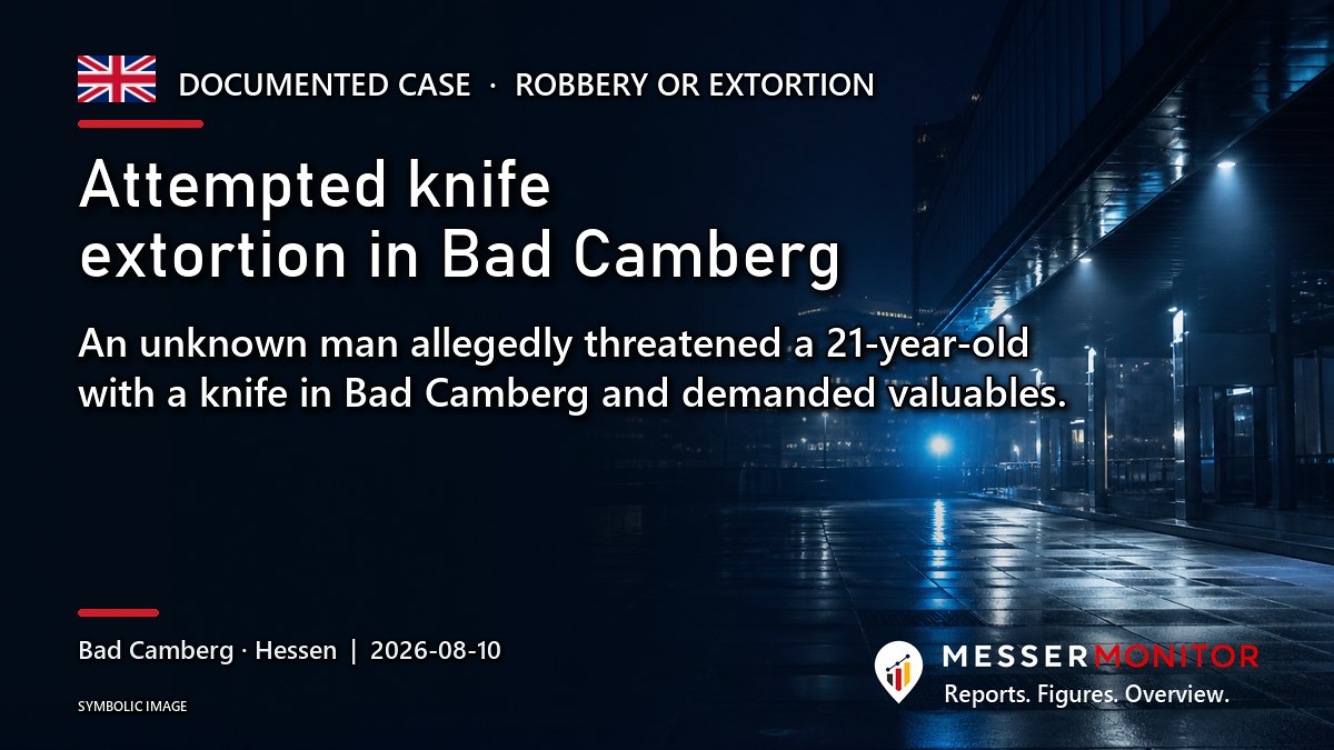 Title image: Attempted knife extortion in Bad Camberg. An unknown man allegedly threatened a 21-year-old with a knife in Bad Camberg and demanded valuables..