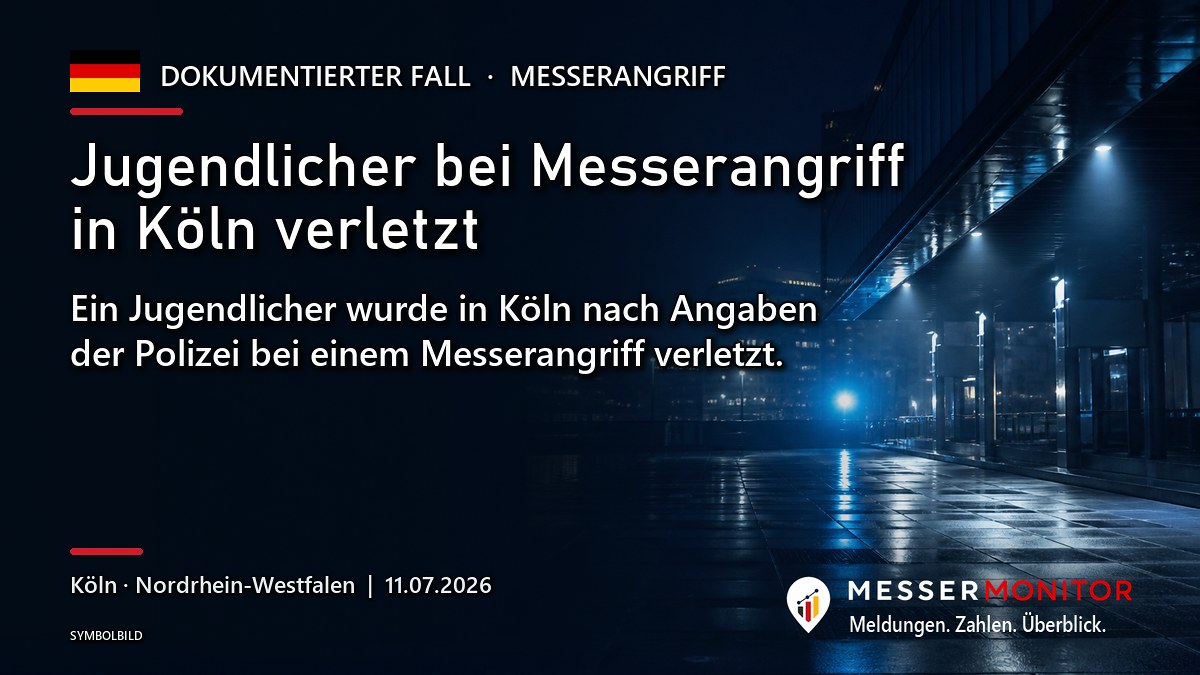 Titelgrafik: Jugendlicher bei Messerangriff in Köln verletzt. Ein Jugendlicher wurde in Köln nach Angaben der Polizei bei einem Messerangriff verletzt..