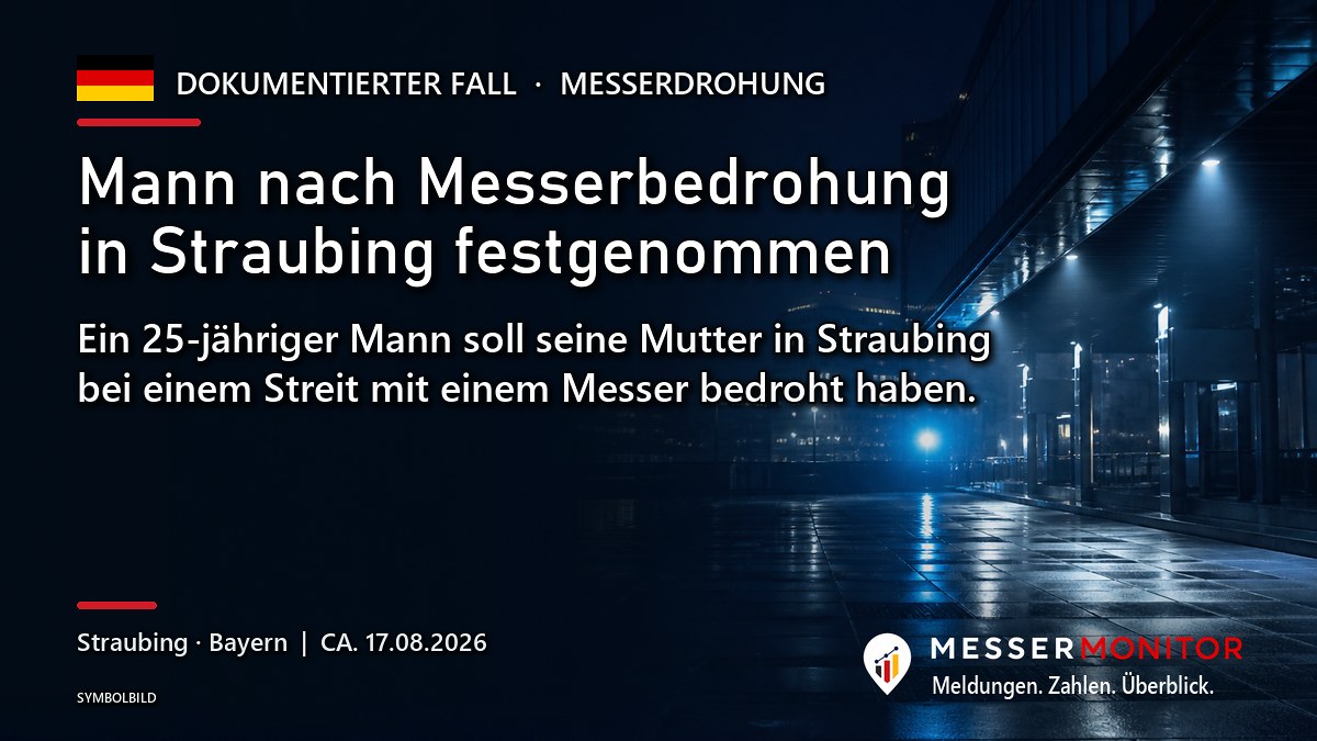 Titelgrafik: Mann nach Messerbedrohung in Straubing festgenommen. Ein 25-jähriger Mann soll seine Mutter in Straubing bei einem Streit mit einem Messer bedroht haben..