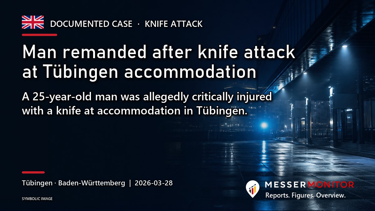 Title image: Man remanded after knife attack at Tübingen accommodation. A 25-year-old man was allegedly critically injured with a knife at accommodation in Tübingen..