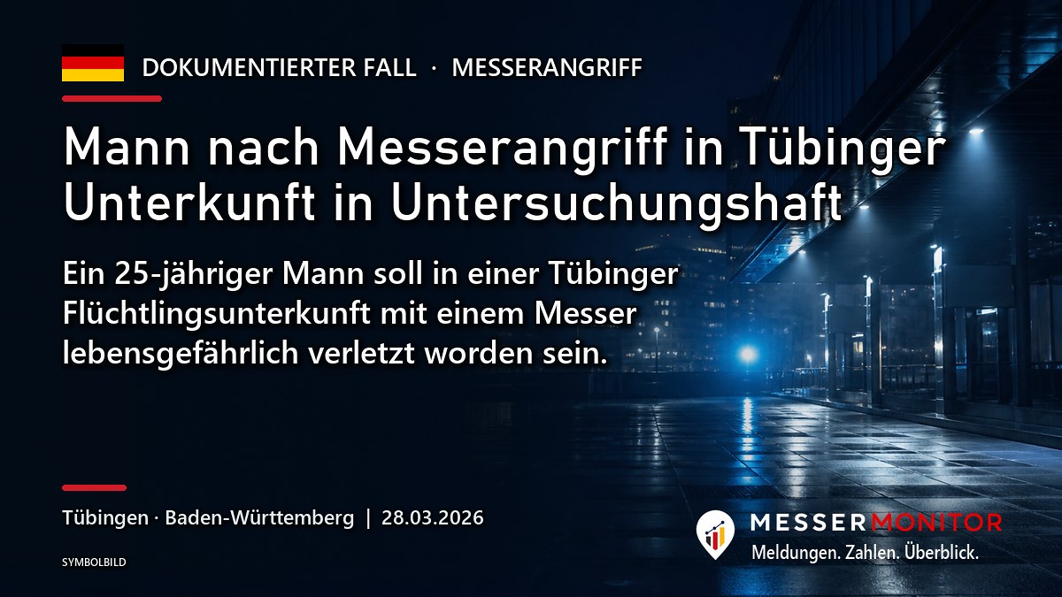 Titelgrafik: Mann nach Messerangriff in Tübinger Unterkunft in Untersuchungshaft. Ein 25-jähriger Mann soll in einer Tübinger Flüchtlingsunterkunft mit einem Messer lebensgefährlich verletzt worden sein..