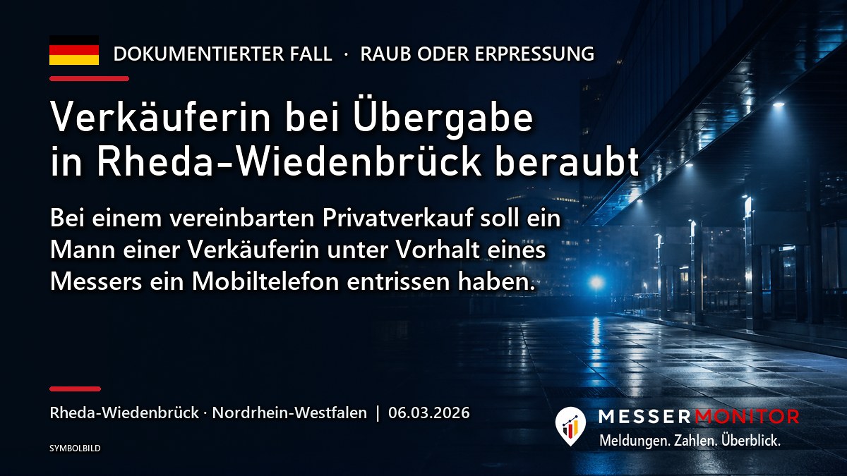 Titelgrafik: Verkäuferin bei Übergabe in Rheda-Wiedenbrück beraubt. Bei einem vereinbarten Privatverkauf soll ein Mann einer Verkäuferin unter Vorhalt eines Messers ein Mobiltelefon entrissen haben..