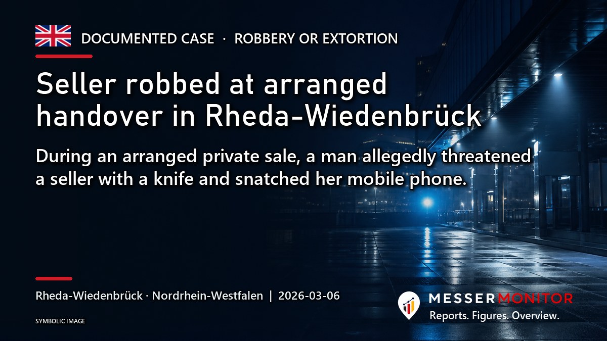 Title image: Seller robbed at arranged handover in Rheda-Wiedenbrück. During an arranged private sale, a man allegedly threatened a seller with a knife and snatched her mobile phone..