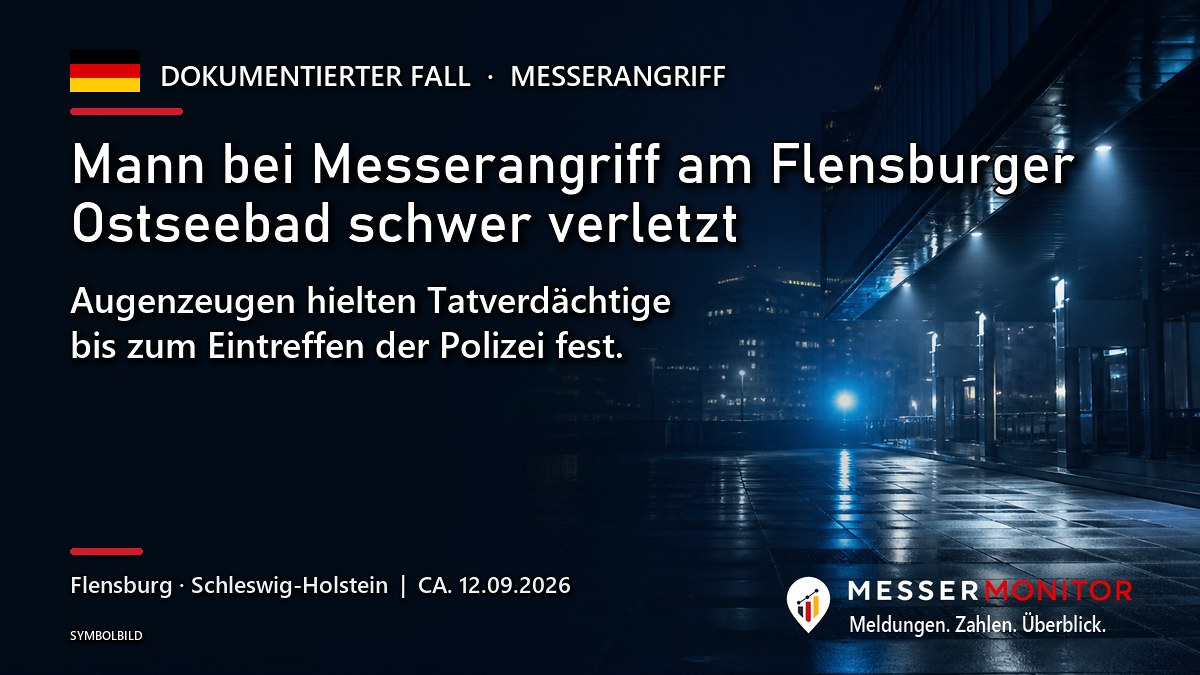 Titelgrafik: Mann bei Messerangriff am Flensburger Ostseebad schwer verletzt. Augenzeugen hielten Tatverdächtige bis zum Eintreffen der Polizei fest.
