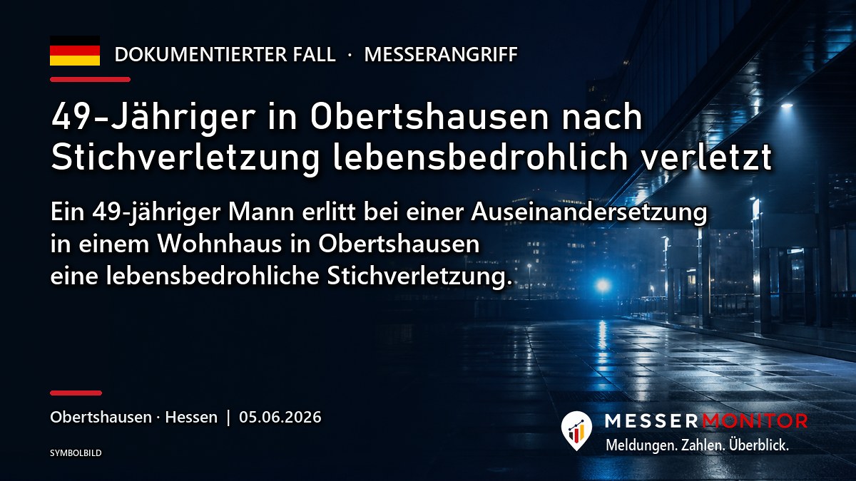 Titelgrafik: 49-Jähriger in Obertshausen nach Stichverletzung lebensbedrohlich verletzt. Ein 49-jähriger Mann erlitt bei einer Auseinandersetzung in einem Wohnhaus in Obertshausen eine lebensbedrohliche Stichverletzung..