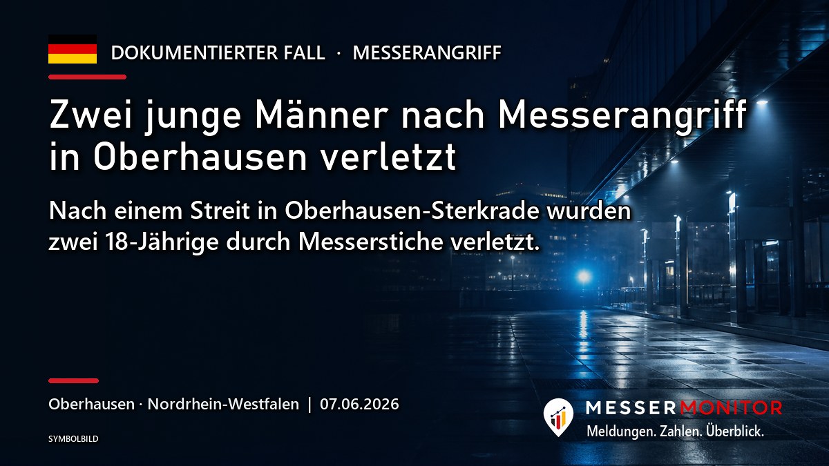 Titelgrafik: Zwei junge Männer nach Messerangriff in Oberhausen verletzt. Nach einem Streit in Oberhausen-Sterkrade wurden zwei 18-Jährige durch Messerstiche verletzt..