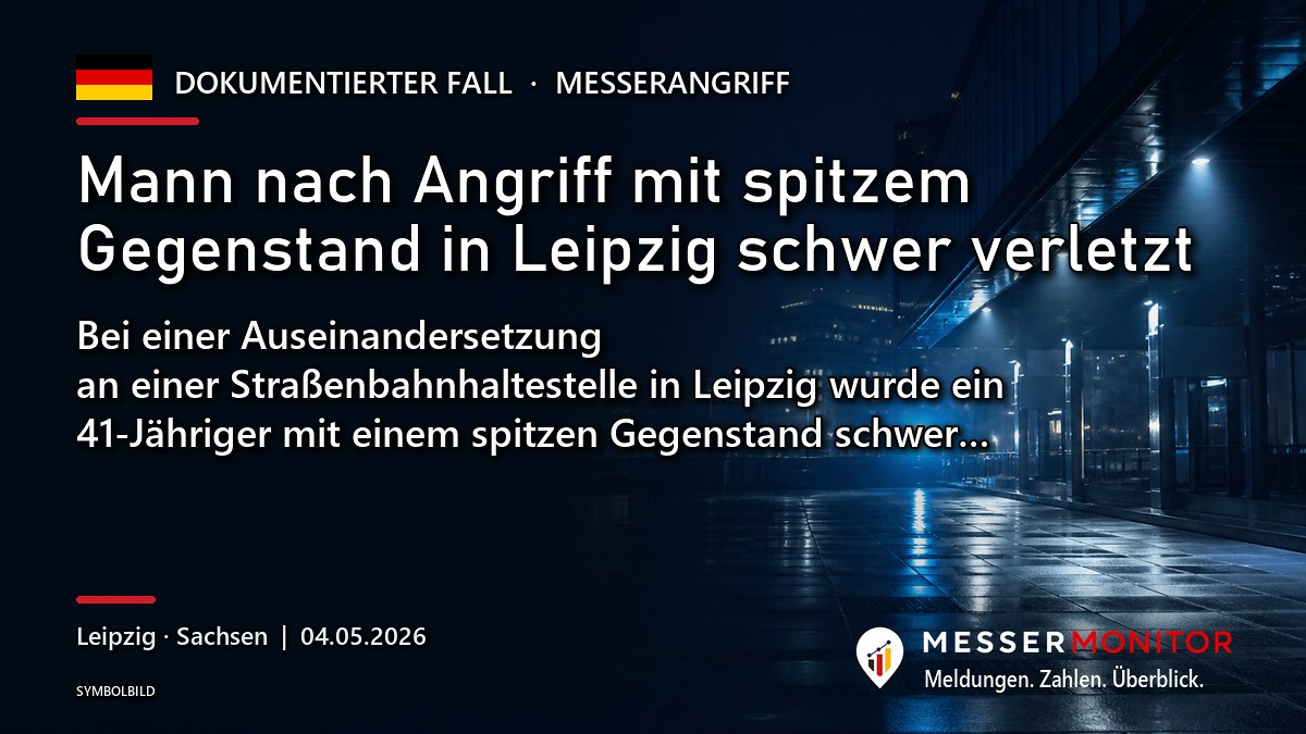 Titelgrafik: Mann nach Angriff mit spitzem Gegenstand in Leipzig schwer verletzt. Bei einer Auseinandersetzung an einer Straßenbahnhaltestelle in Leipzig wurde ein 41-Jähriger mit einem spitzen Gegenstand schwer….