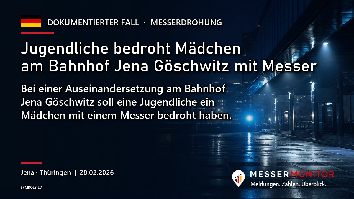 Titelgrafik: Jugendliche bedroht Mädchen am Bahnhof Jena Göschwitz mit Messer. Bei einer Auseinandersetzung am Bahnhof Jena Göschwitz soll eine Jugendliche ein Mädchen mit einem Messer bedroht haben..
