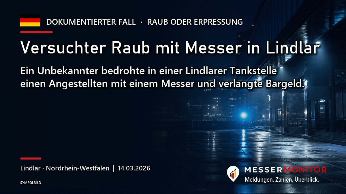 Titelgrafik: Versuchter Raub mit Messer in Lindlar. Ein Unbekannter bedrohte in einer Lindlarer Tankstelle einen Angestellten mit einem Messer und verlangte Bargeld..
