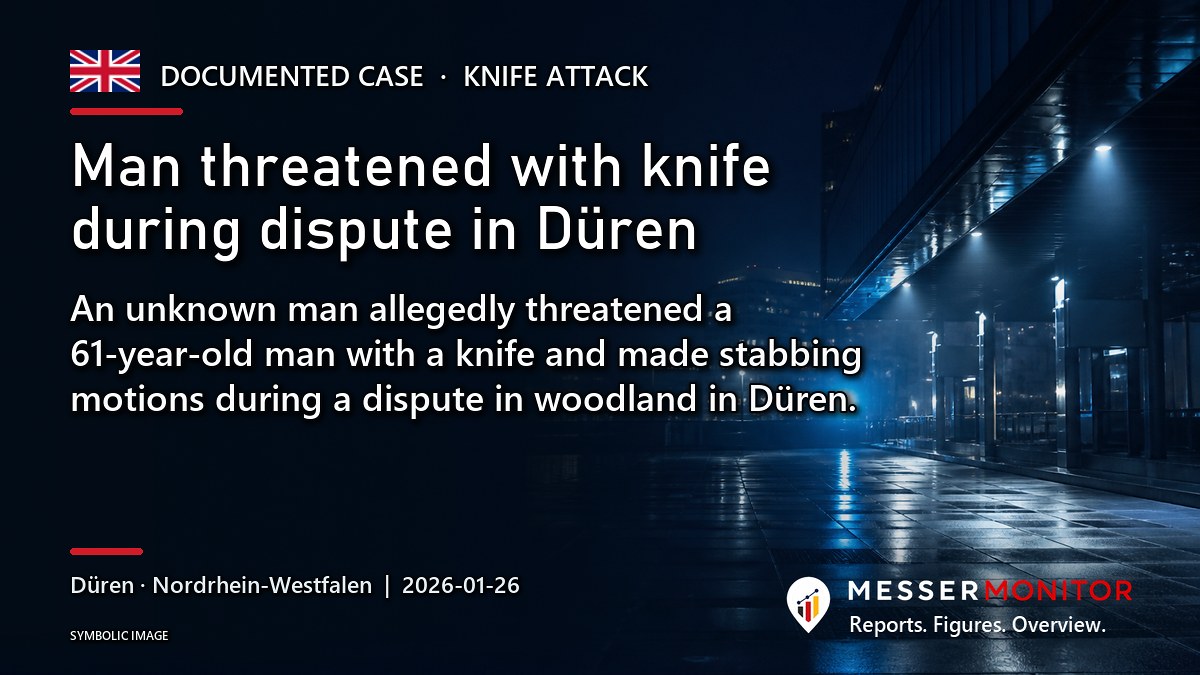 Title image: Man threatened with knife during dispute in Düren. An unknown man allegedly threatened a 61-year-old man with a knife and made stabbing motions during a dispute in woodland in Düren..