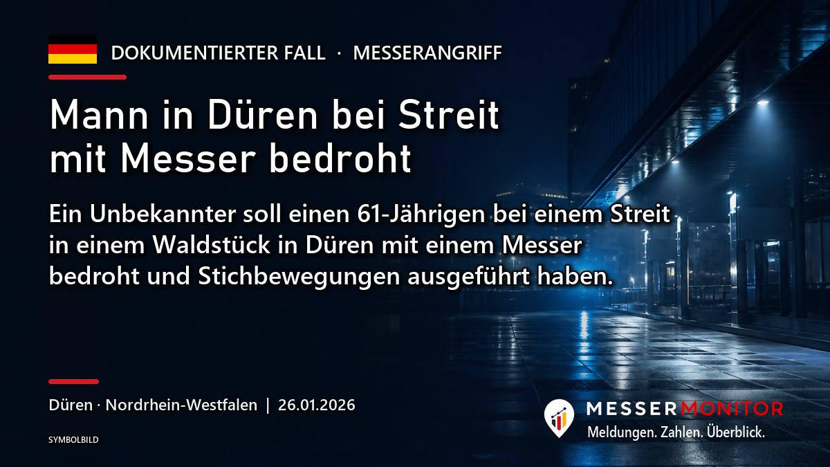 Titelgrafik: Mann in Düren bei Streit mit Messer bedroht. Ein Unbekannter soll einen 61-Jährigen bei einem Streit in einem Waldstück in Düren mit einem Messer bedroht und Stichbewegungen ausgeführt haben..