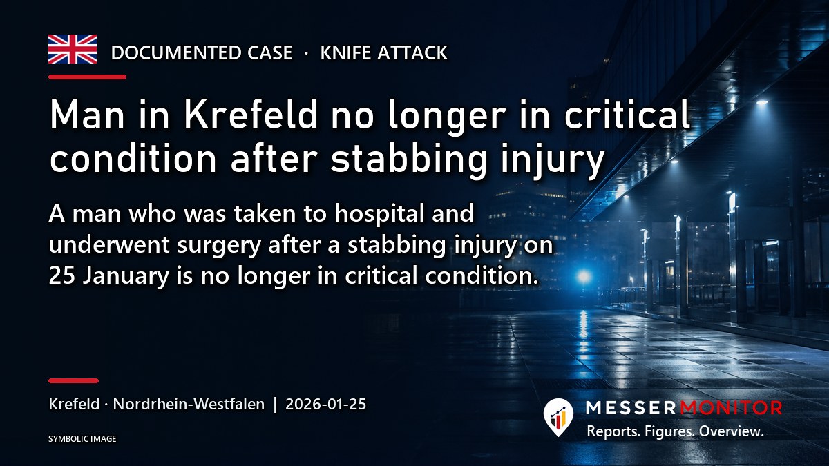 Title image: Man in Krefeld no longer in critical condition after stabbing injury. A man who was taken to hospital and underwent surgery after a stabbing injury on 25 January is no longer in critical condition..