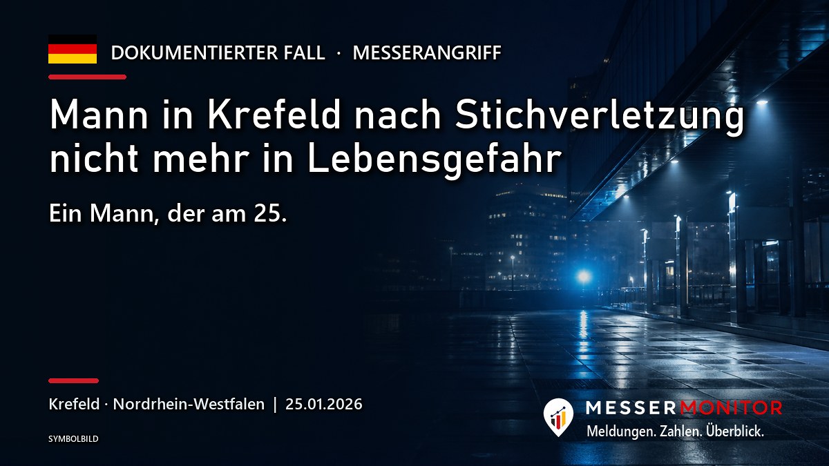 Titelgrafik: Mann in Krefeld nach Stichverletzung nicht mehr in Lebensgefahr. Ein Mann, der am 25..