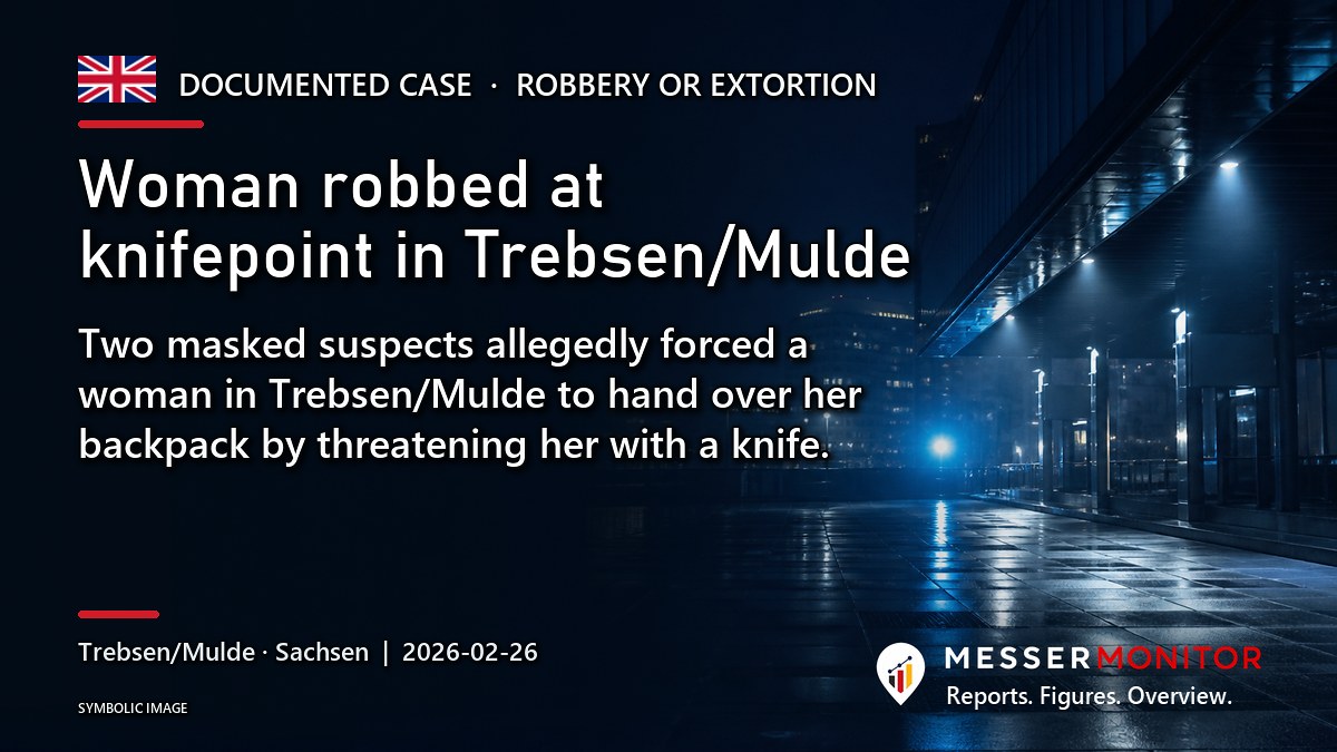 Title image: Woman robbed at knifepoint in Trebsen/Mulde. Two masked suspects allegedly forced a woman in Trebsen/Mulde to hand over her backpack by threatening her with a knife..