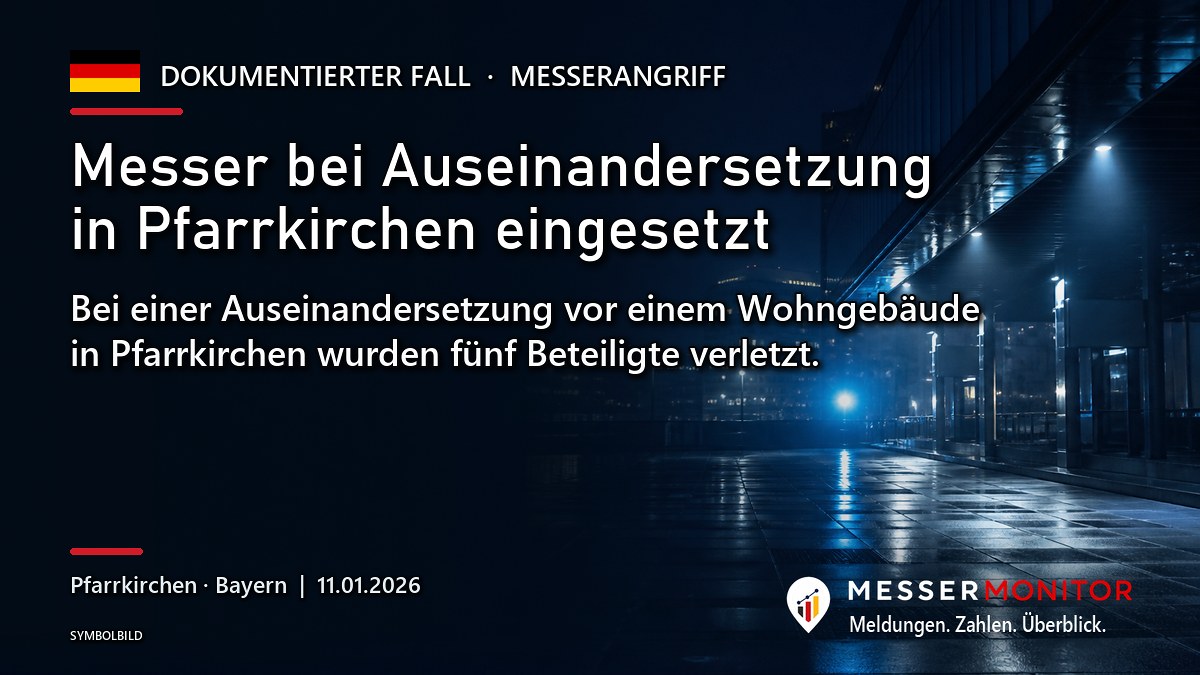Titelgrafik: Messer bei Auseinandersetzung in Pfarrkirchen eingesetzt. Bei einer Auseinandersetzung vor einem Wohngebäude in Pfarrkirchen wurden fünf Beteiligte verletzt..