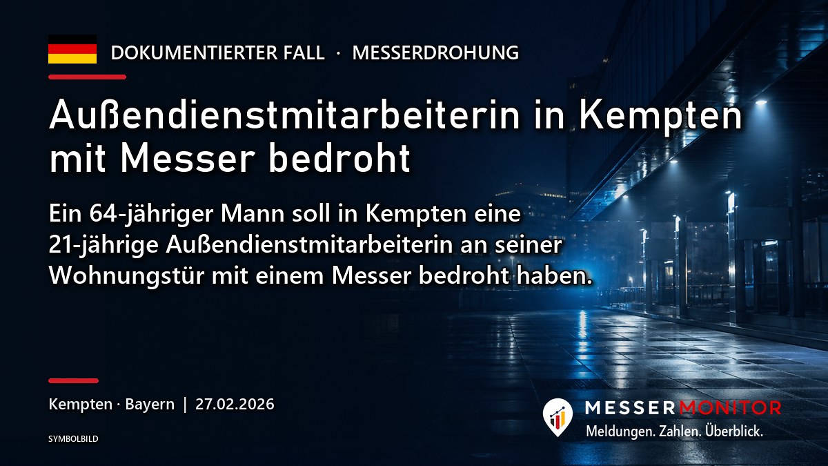 Titelgrafik: Außendienstmitarbeiterin in Kempten mit Messer bedroht. Ein 64-jähriger Mann soll in Kempten eine 21-jährige Außendienstmitarbeiterin an seiner Wohnungstür mit einem Messer bedroht haben..