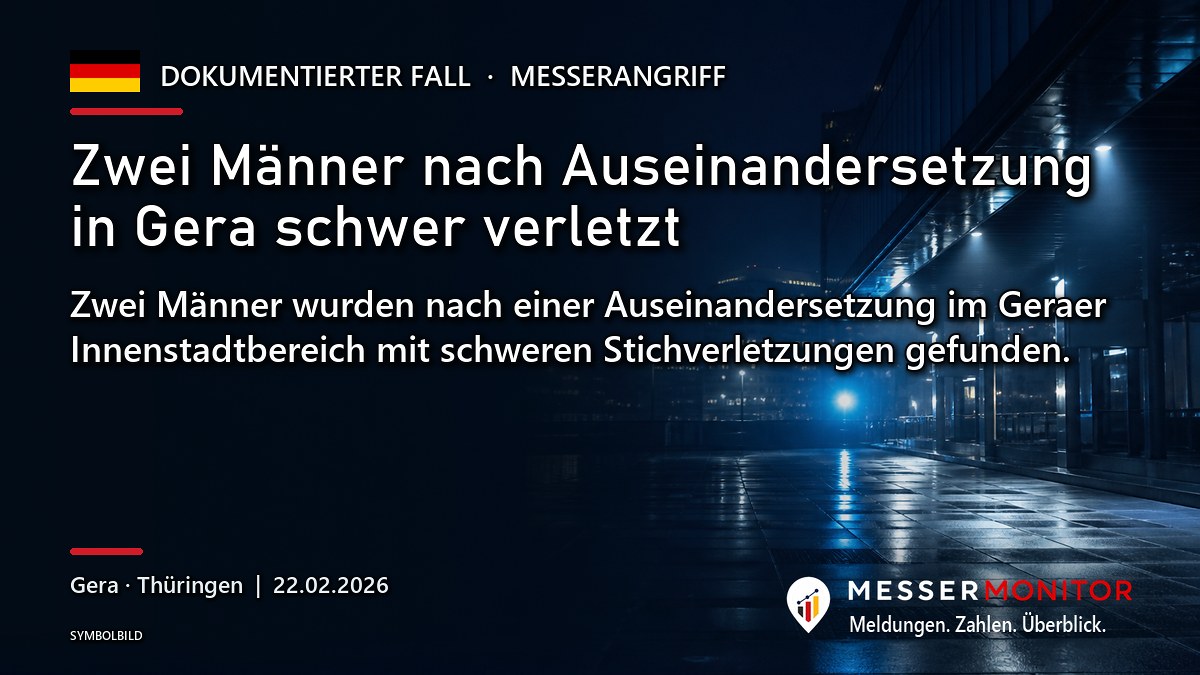 Titelgrafik: Zwei Männer nach Auseinandersetzung in Gera schwer verletzt. Zwei Männer wurden nach einer Auseinandersetzung im Geraer Innenstadtbereich mit schweren Stichverletzungen gefunden..