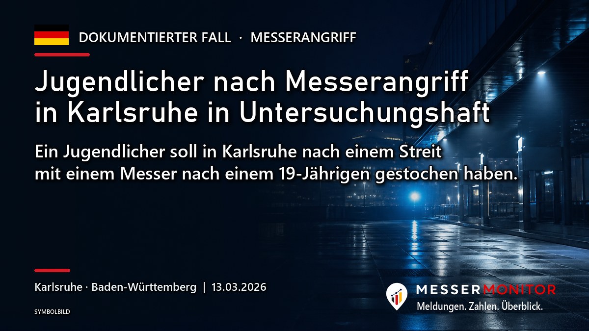 Titelgrafik: Jugendlicher nach Messerangriff in Karlsruhe in Untersuchungshaft. Ein Jugendlicher soll in Karlsruhe nach einem Streit mit einem Messer nach einem 19-Jährigen gestochen haben..