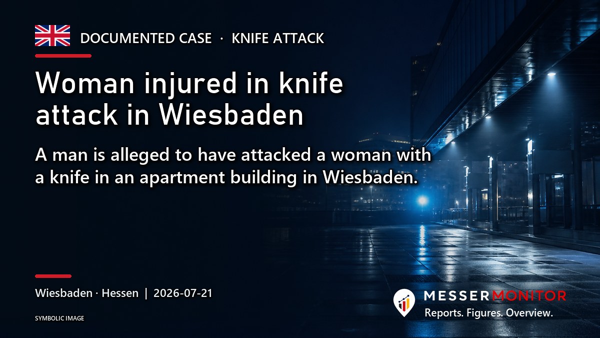 Title image: Woman injured in knife attack in Wiesbaden. A man is alleged to have attacked a woman with a knife in an apartment building in Wiesbaden..