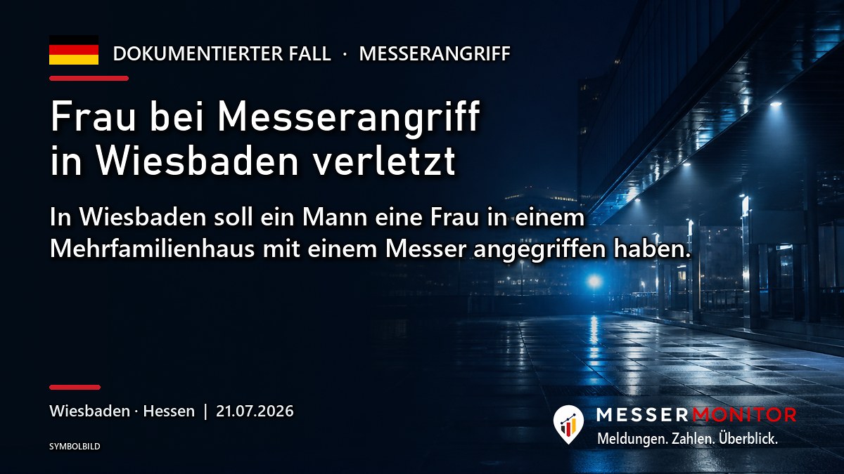 Titelgrafik: Frau bei Messerangriff in Wiesbaden verletzt. In Wiesbaden soll ein Mann eine Frau in einem Mehrfamilienhaus mit einem Messer angegriffen haben..