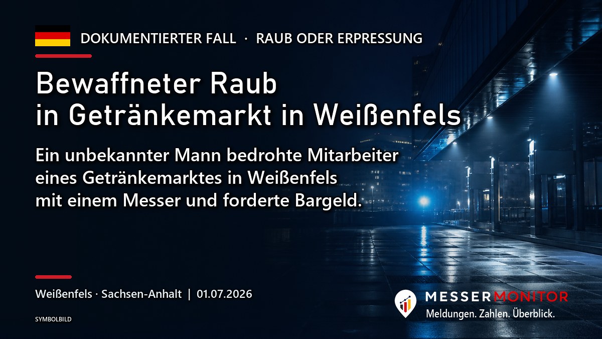 Titelgrafik: Bewaffneter Raub in Getränkemarkt in Weißenfels. Ein unbekannter Mann bedrohte Mitarbeiter eines Getränkemarktes in Weißenfels mit einem Messer und forderte Bargeld..