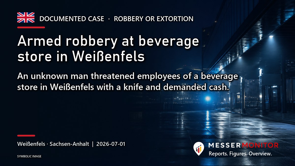 Title image: Armed robbery at beverage store in Weißenfels. An unknown man threatened employees of a beverage store in Weißenfels with a knife and demanded cash..