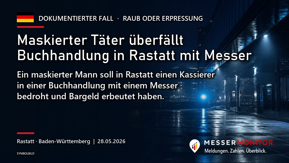 Titelgrafik: Maskierter Täter überfällt Buchhandlung in Rastatt mit Messer. Ein maskierter Mann soll in Rastatt einen Kassierer in einer Buchhandlung mit einem Messer bedroht und Bargeld erbeutet haben..
