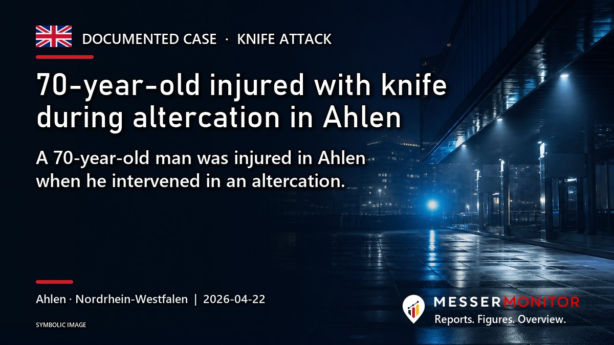 Title image: 70-year-old injured with knife during altercation in Ahlen. A 70-year-old man was injured in Ahlen when he intervened in an altercation..