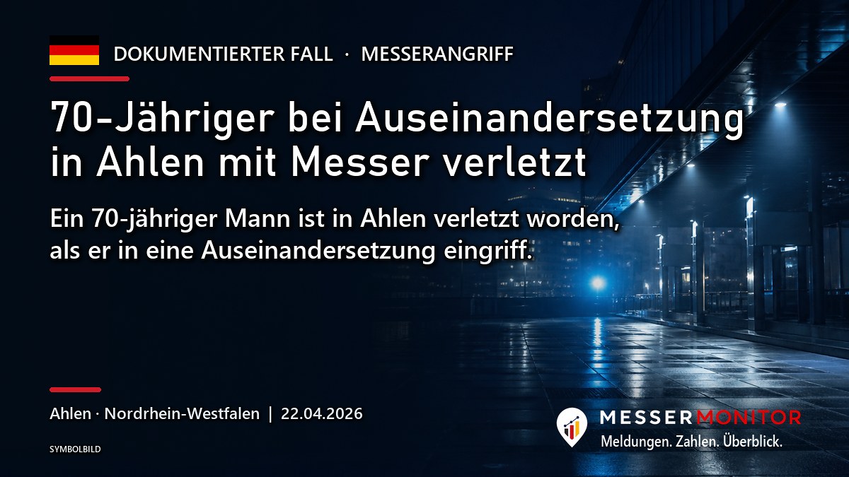 Titelgrafik: 70-Jähriger bei Auseinandersetzung in Ahlen mit Messer verletzt. Ein 70-jähriger Mann ist in Ahlen verletzt worden, als er in eine Auseinandersetzung eingriff..