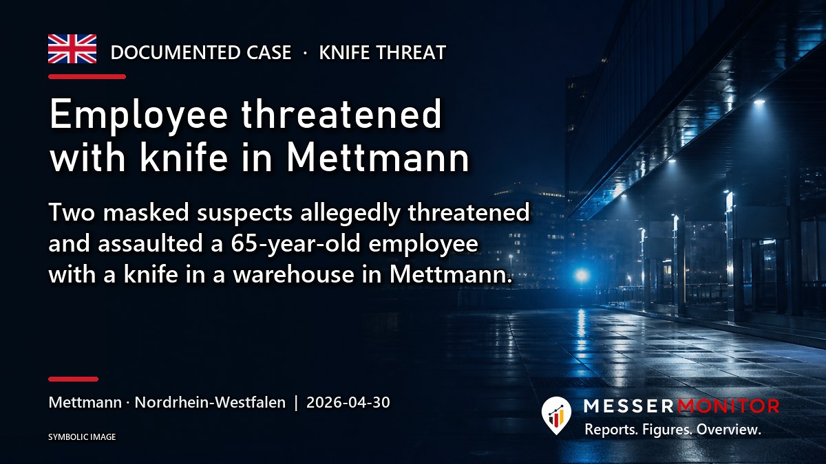 Title image: Employee threatened with knife in Mettmann. Two masked suspects allegedly threatened and assaulted a 65-year-old employee with a knife in a warehouse in Mettmann..