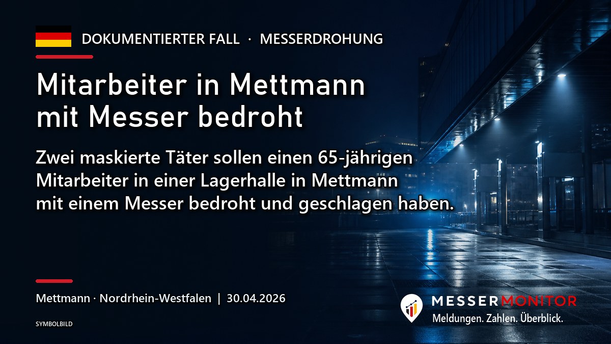 Titelgrafik: Mitarbeiter in Mettmann mit Messer bedroht. Zwei maskierte Täter sollen einen 65-jährigen Mitarbeiter in einer Lagerhalle in Mettmann mit einem Messer bedroht und geschlagen haben..