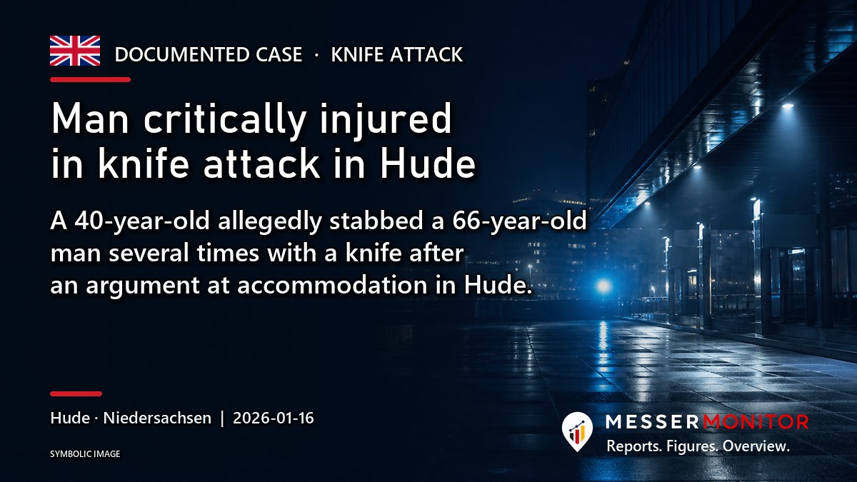 Title image: Man critically injured in knife attack in Hude. A 40-year-old allegedly stabbed a 66-year-old man several times with a knife after an argument at accommodation in Hude..