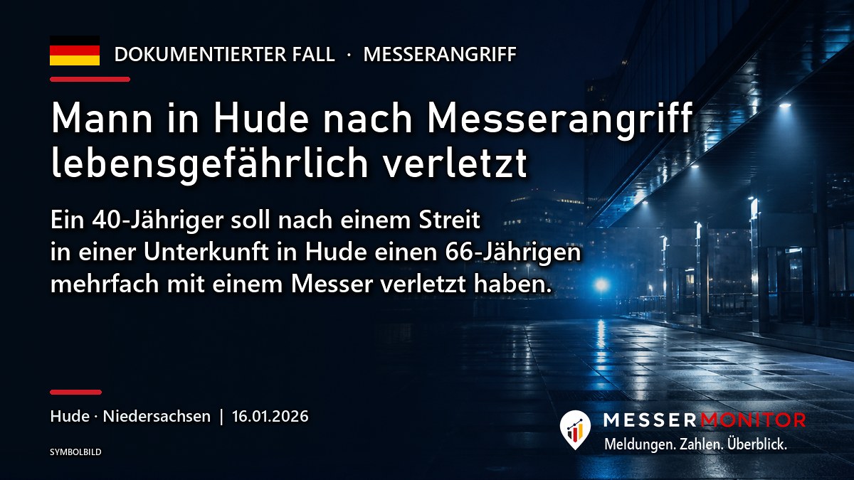 Titelgrafik: Mann in Hude nach Messerangriff lebensgefährlich verletzt. Ein 40-Jähriger soll nach einem Streit in einer Unterkunft in Hude einen 66-Jährigen mehrfach mit einem Messer verletzt haben..