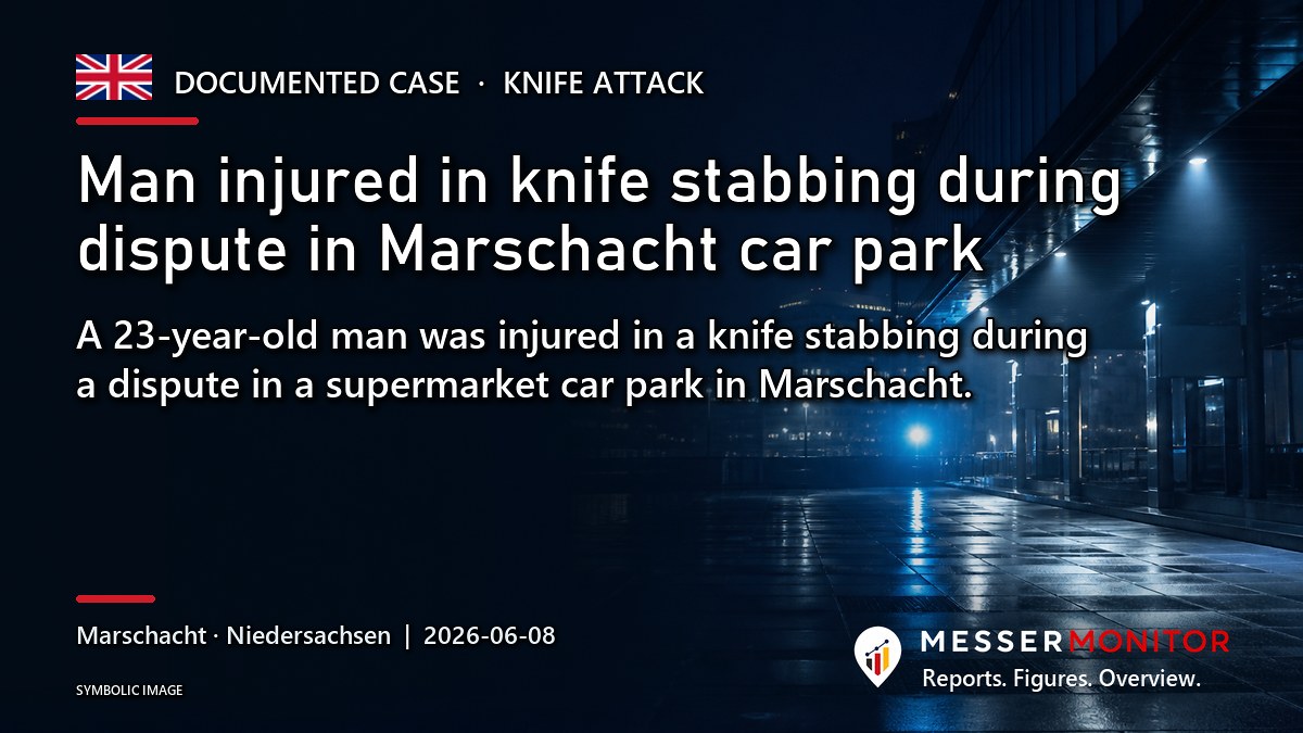 Title image: Man injured in knife stabbing during dispute in Marschacht car park. A 23-year-old man was injured in a knife stabbing during a dispute in a supermarket car park in Marschacht..