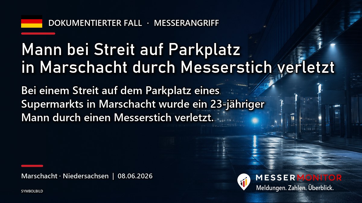 Titelgrafik: Mann bei Streit auf Parkplatz in Marschacht durch Messerstich verletzt. Bei einem Streit auf dem Parkplatz eines Supermarkts in Marschacht wurde ein 23-jähriger Mann durch einen Messerstich verletzt..