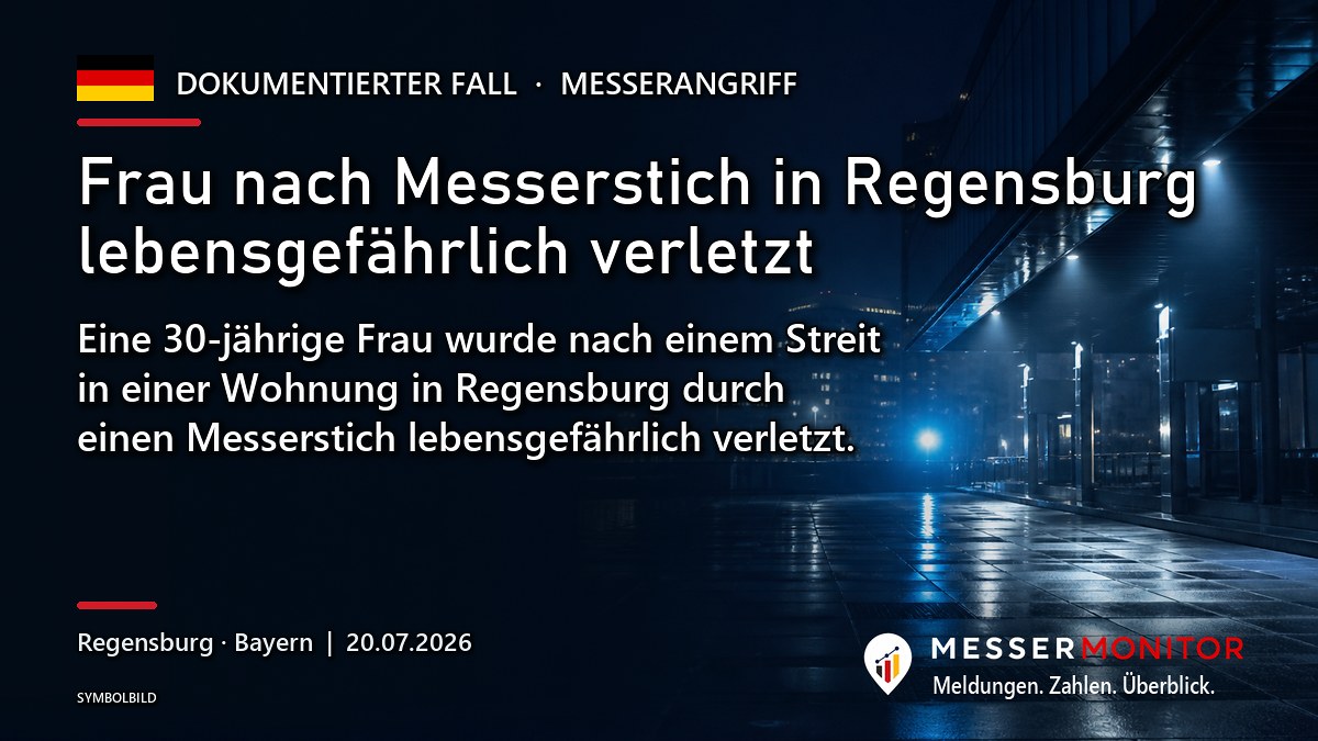 Titelgrafik: Frau nach Messerstich in Regensburg lebensgefährlich verletzt. Eine 30-jährige Frau wurde nach einem Streit in einer Wohnung in Regensburg durch einen Messerstich lebensgefährlich verletzt..