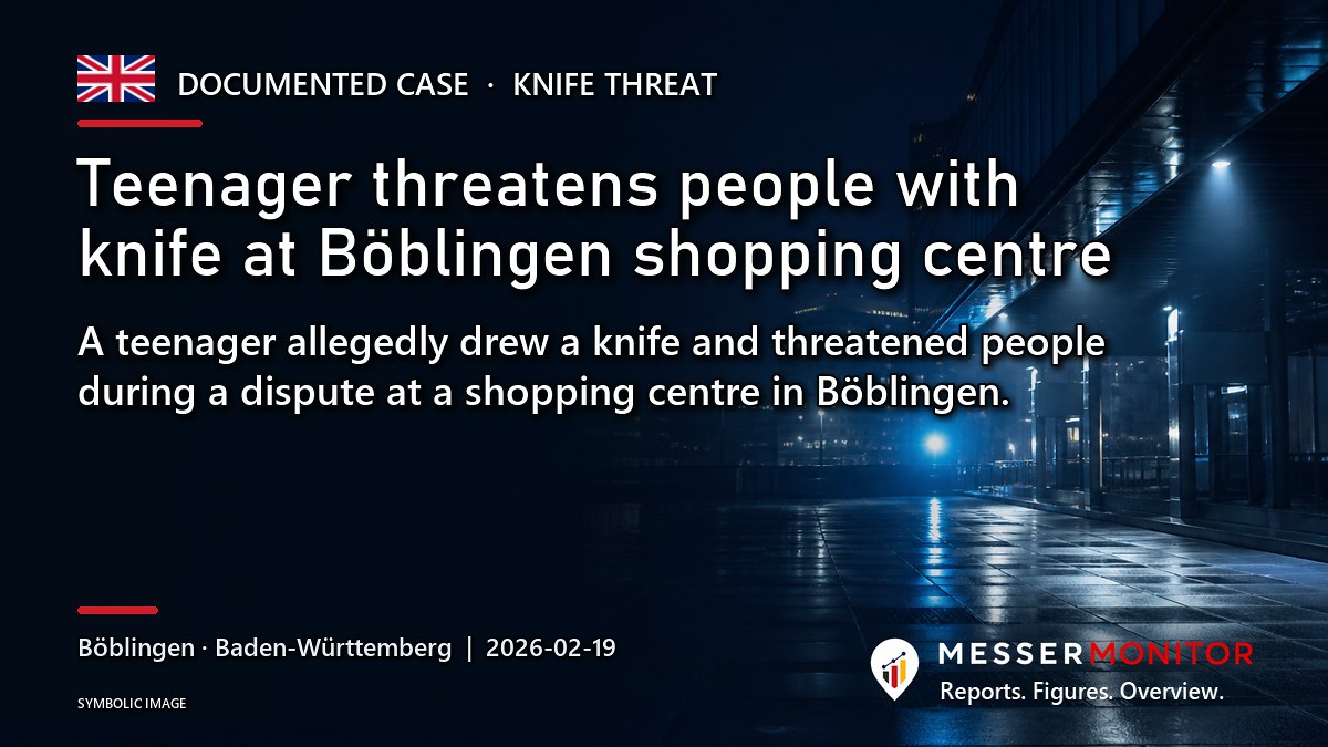 Title image: Teenager threatens people with knife at Böblingen shopping centre. A teenager allegedly drew a knife and threatened people during a dispute at a shopping centre in Böblingen..