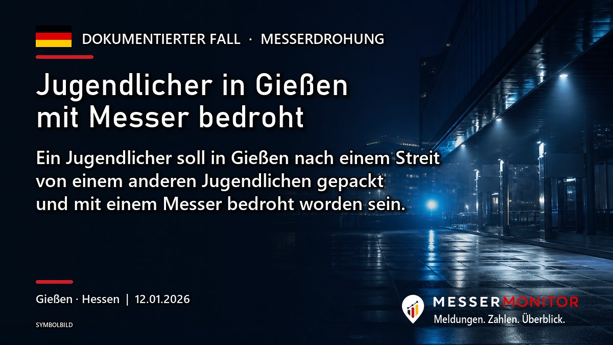 Titelgrafik: Jugendlicher in Gießen mit Messer bedroht. Ein Jugendlicher soll in Gießen nach einem Streit von einem anderen Jugendlichen gepackt und mit einem Messer bedroht worden sein..
